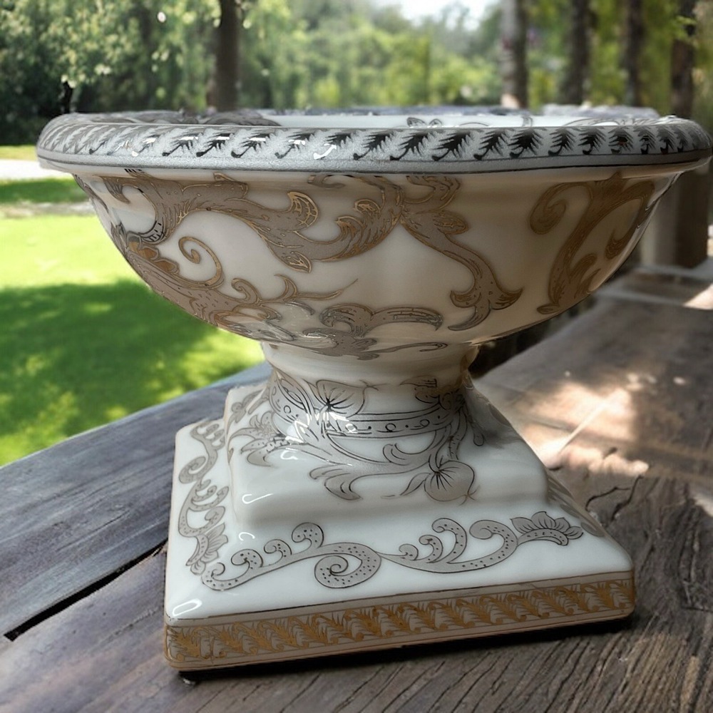 Vintage White Ceramic Pedestal Footed‎ Bowl Silver Ornament